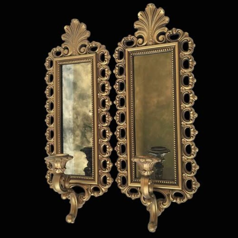 Vintage MCM Gold Smokey Mirror Candle Sconces - Pair